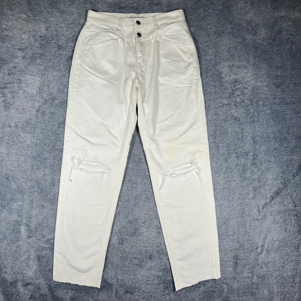 American Eagle Mom Jean White Distressed High Waisted Raw Hem Size 4 Long‎